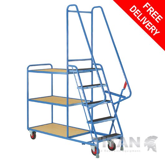 Heavy Duty 5 Step Tray Trolley with Fixed Plywood Shelves + Hand Brake Lever 