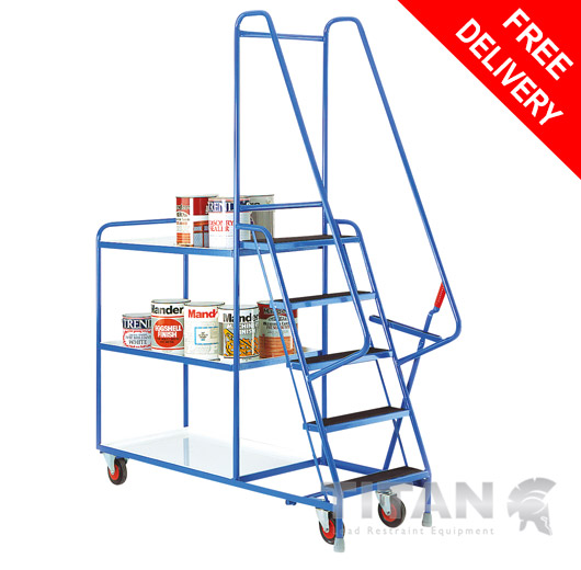 Heavy Duty 5 Step Tray Trolley with White Trays + Hand Brake Lever