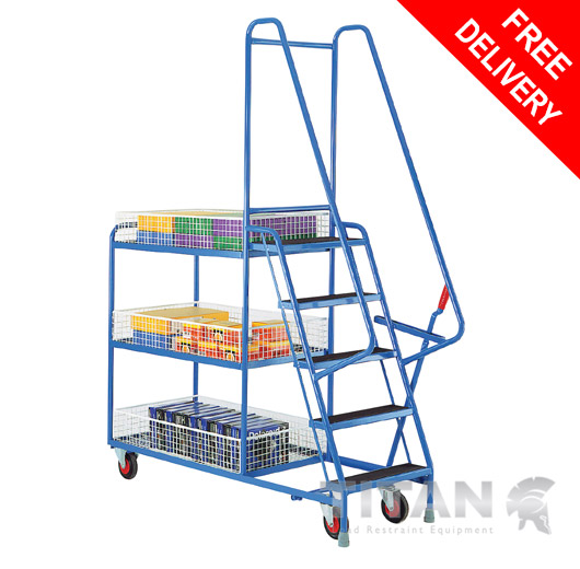 5 Step Tray Trolley with Removable Baskets + Hand Brake Lever